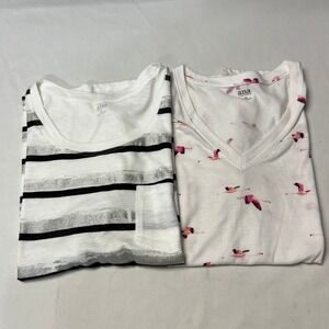 Lot of 2 ANA Womens Sz M‎ T-Shirt Bundle Striped Flamingo Print Short Sleeve Top